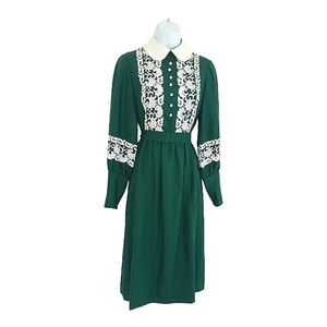 Vintage victorian high collar lace green white prairie cottagecore dress size S